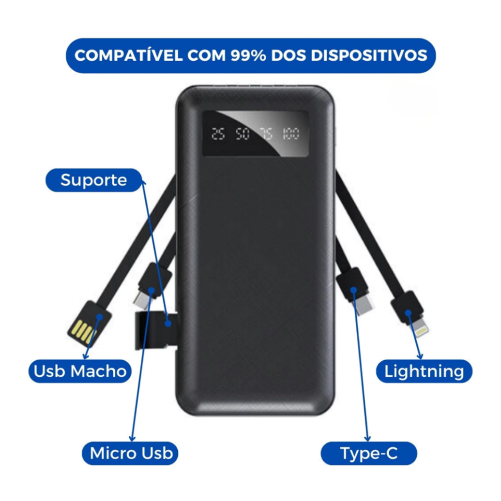 Miniatura de imagem do produto Carregador Power Bank Portátil 10000mah Universal Saída 4 Cabos