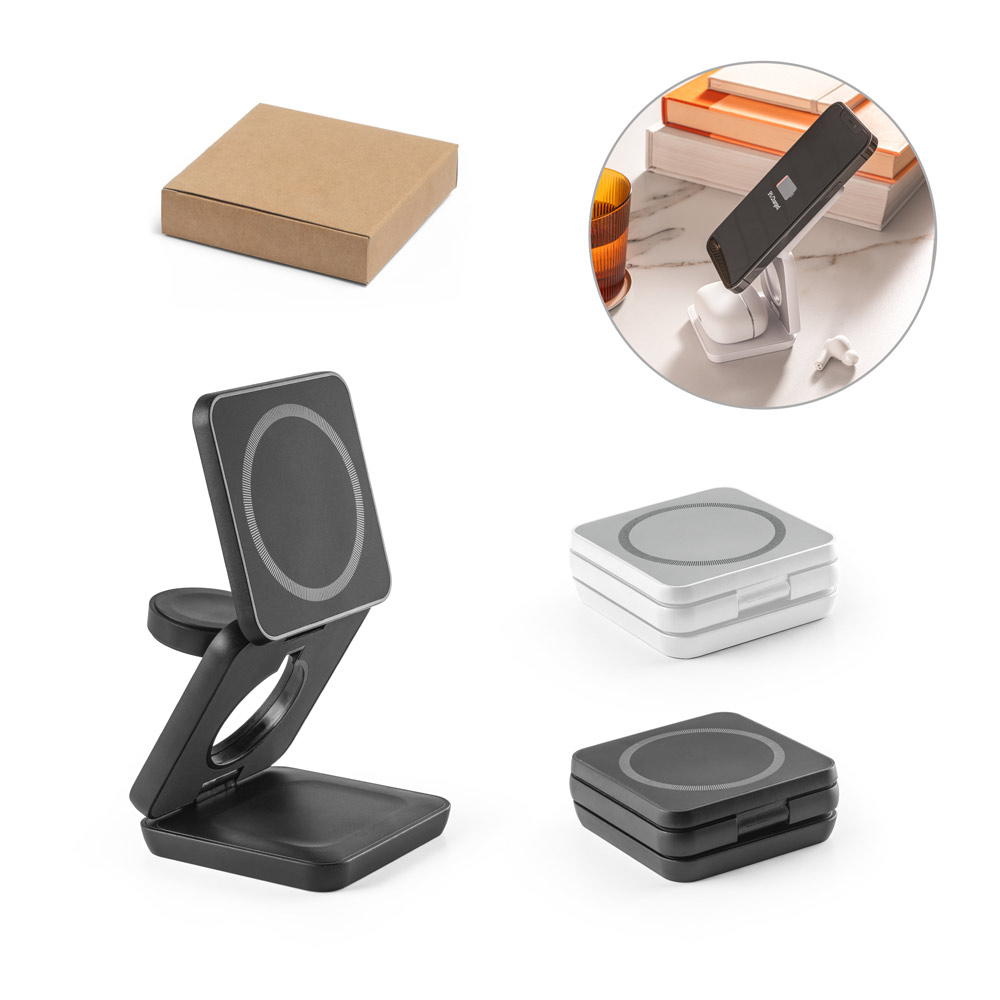 Carregador magnético wireless super rápido dobrável em ABS 100% reciclado que permite carregar três dispositivos simultaneamente